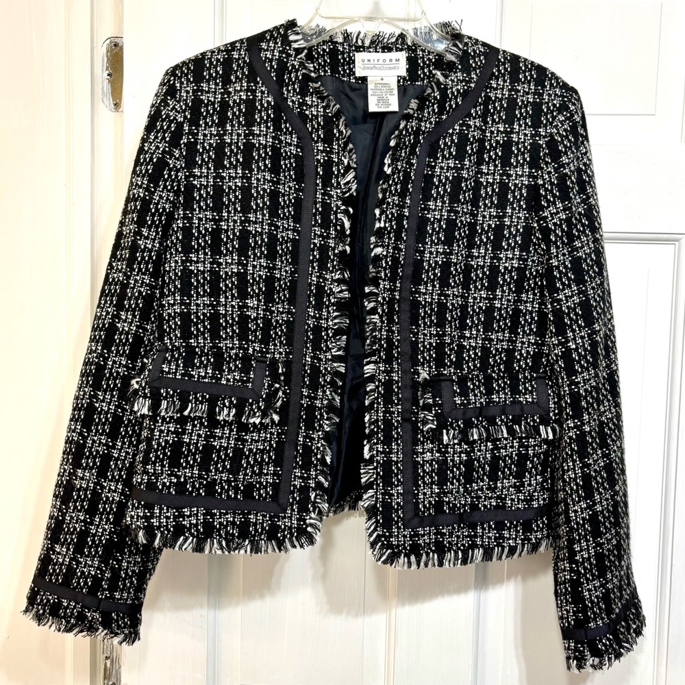 Uniform John Paul Richard Women's Size 8 Open Front Tweed Blazer Black & White